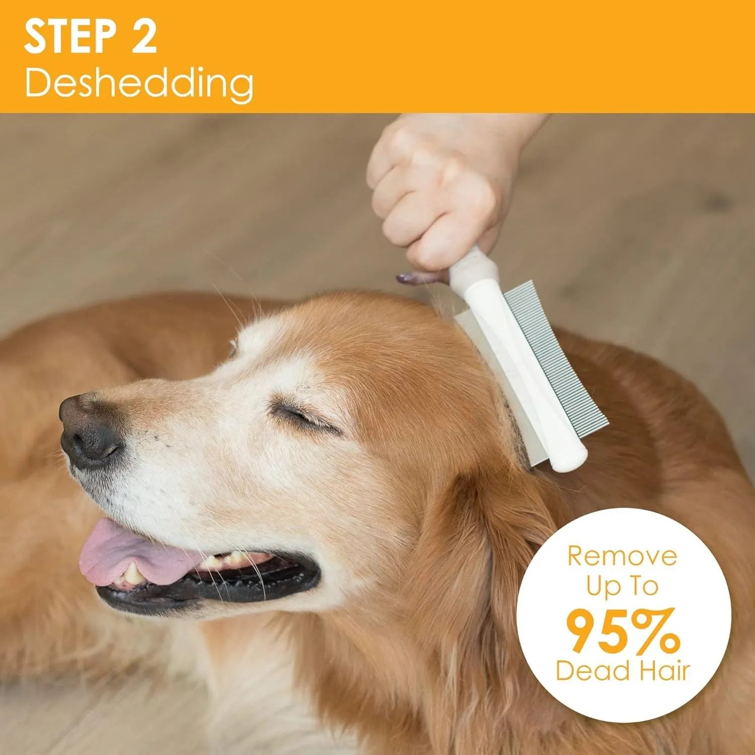 White double-sided dog and cat grooming brush with comb and deshedding blade, showing comfort-grip handle.