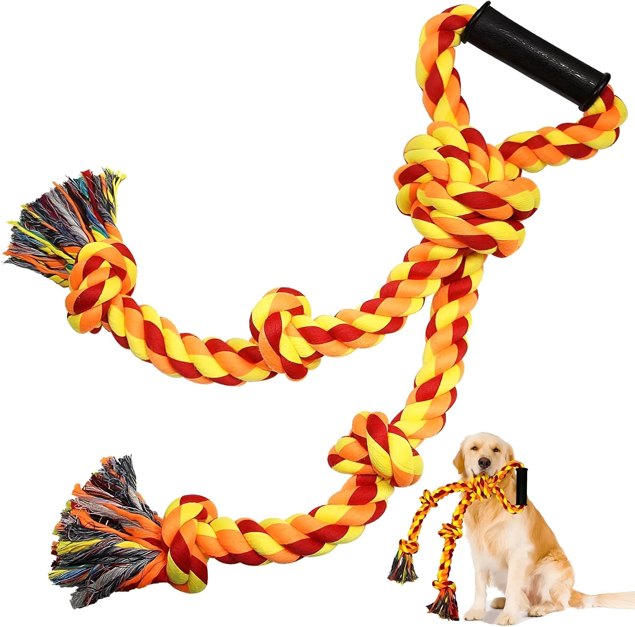 Blue and yellow braided cotton rope dog toy with ergonomic handles for large breeds
