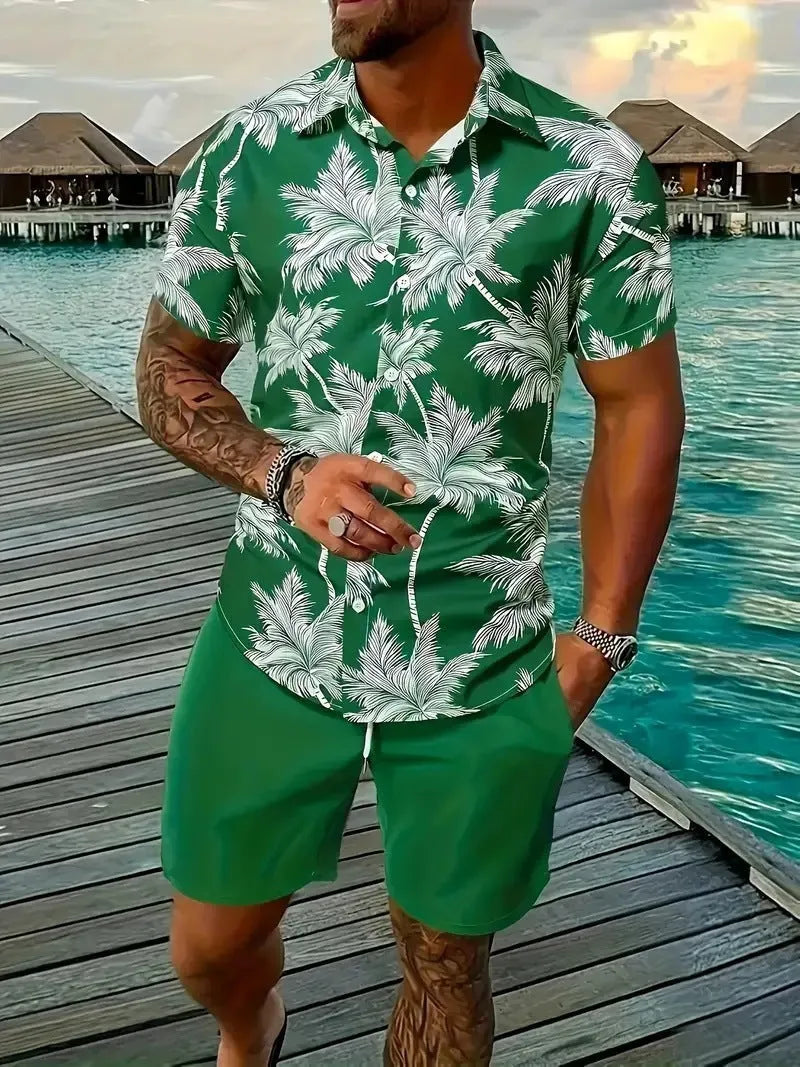 Men's 3D printed Hawaiian style short sleeve lounge suit with matching shorts on a mannequin