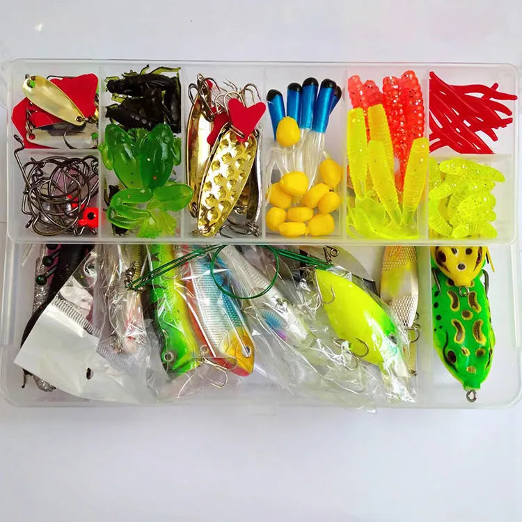 142-piece fishing lure set showing metal hard minnow lures, plastic sequin baits, and fishing pliers