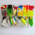 142-piece fishing lure set showing metal hard minnow lures, plastic sequin baits, and fishing pliers