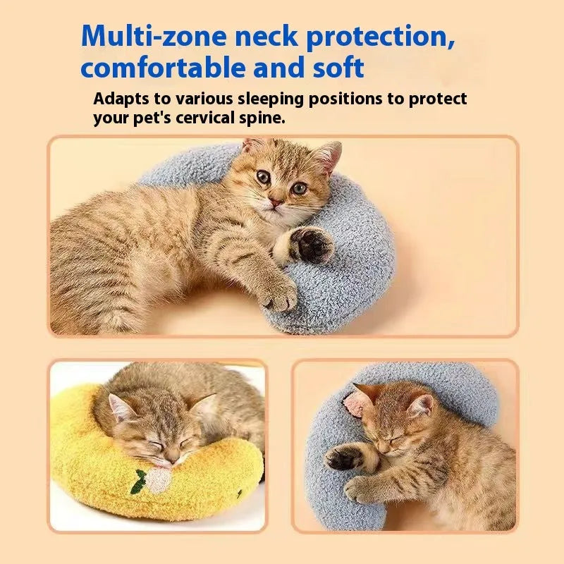Blue U-shaped cat pillow with neck support design next to yellow question mark pet pillow