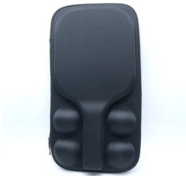Black EVA pickleball racket storage box with double shoulder straps, shown holding a paddle and balls.