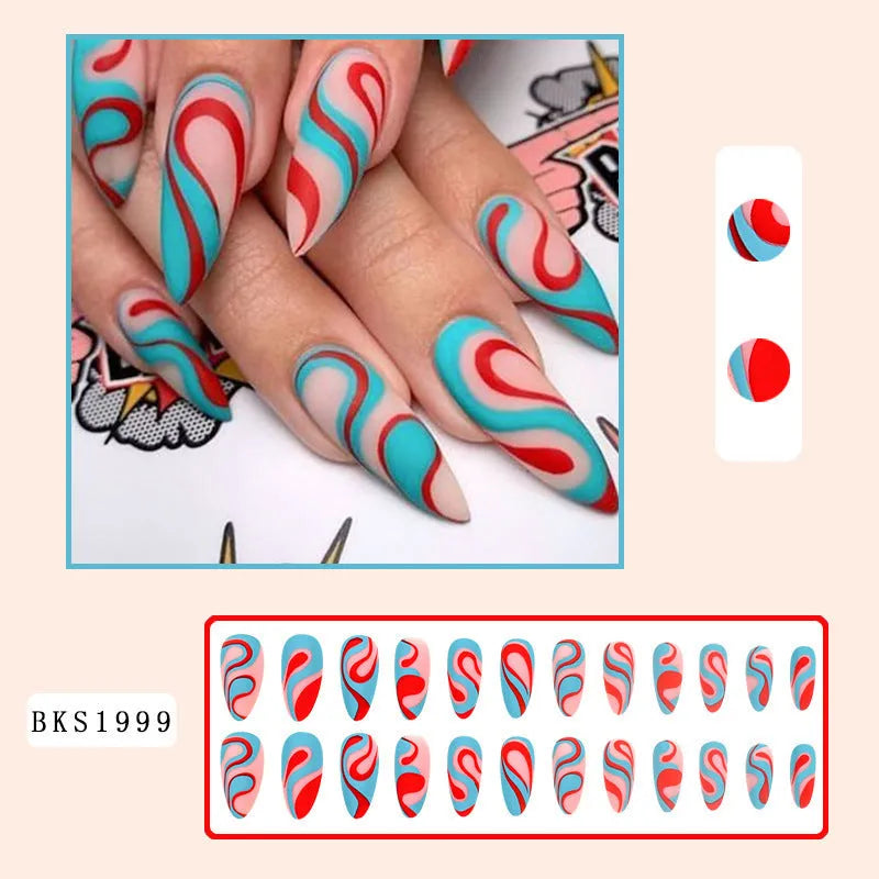 Almond-shaped rainbow nail stickers set showing four designs including plaid pattern and coloured variations