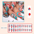 Almond-shaped rainbow nail stickers set showing four designs including plaid pattern and coloured variations