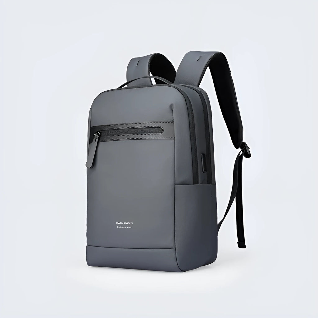 Graphite grey USB business backpack with Oxford cloth construction and visible stitching details