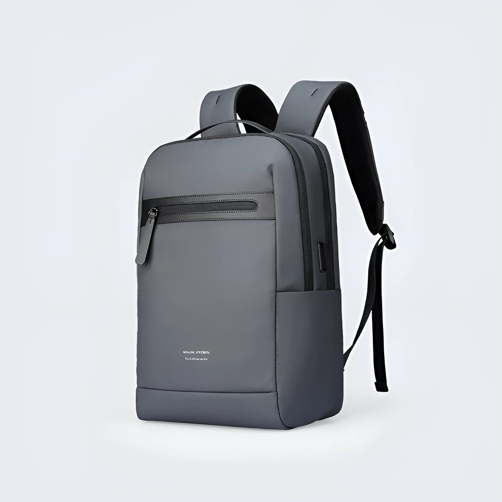 Graphite grey USB business backpack with Oxford cloth construction and visible stitching details