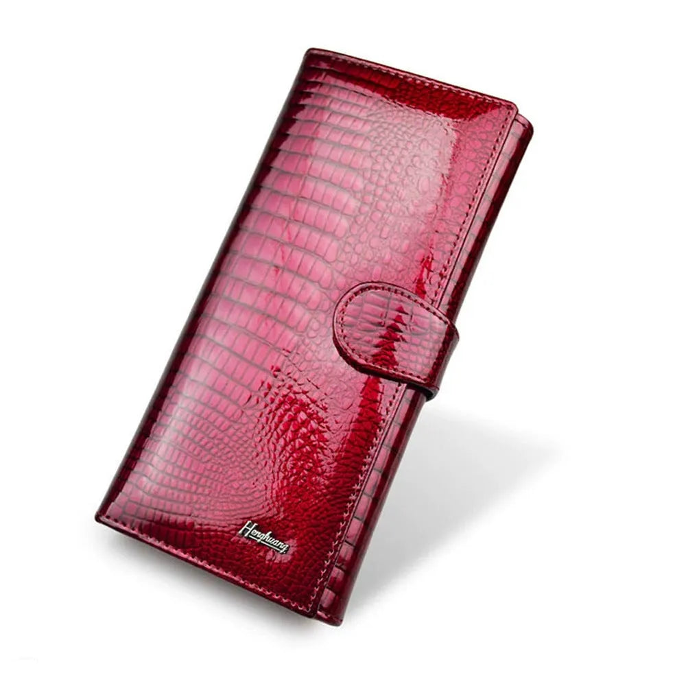 Women's genuine leather coin purse with crocodile pattern texture in wine red, black, and red colour options