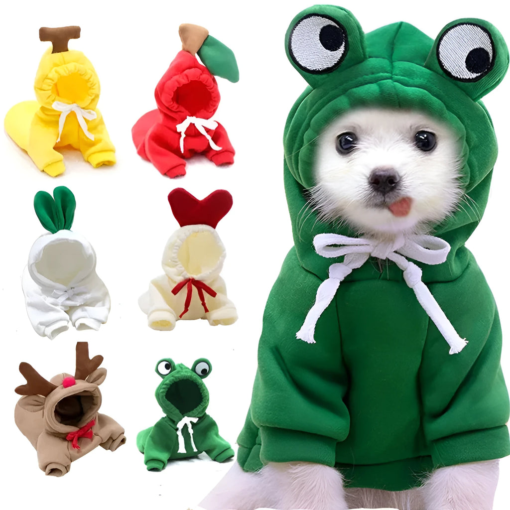 Fleece dog hoodie for small dogs with fruit design and drawstring, sizes XS to 2XL, winter warm pet clothes.