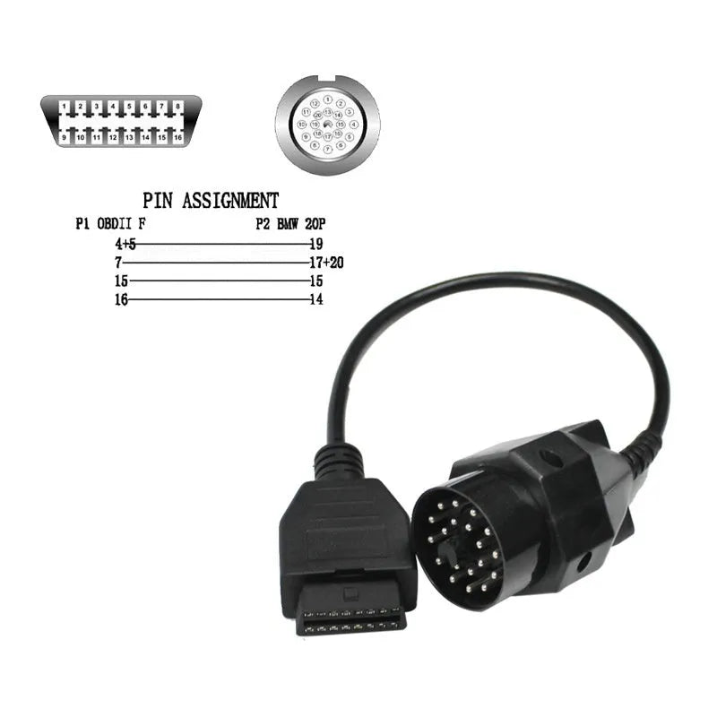 OBD2 BMW diagnostic adapter cable converting 20-pin to 16-pin connector