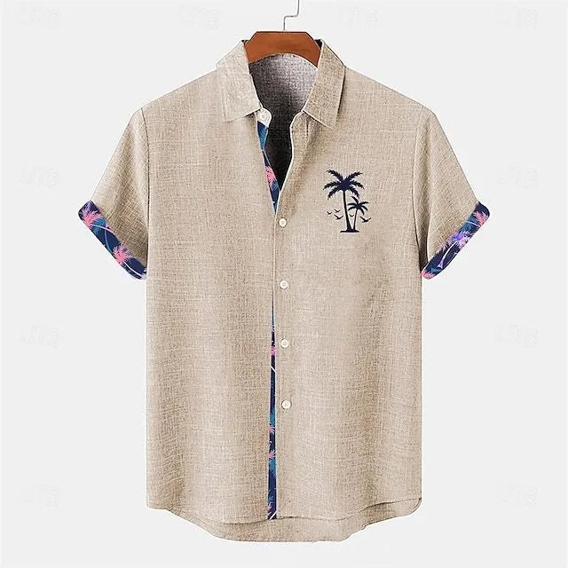 Linen loose-fit short sleeve casual shirt with an ocean fish pattern on the lapel.