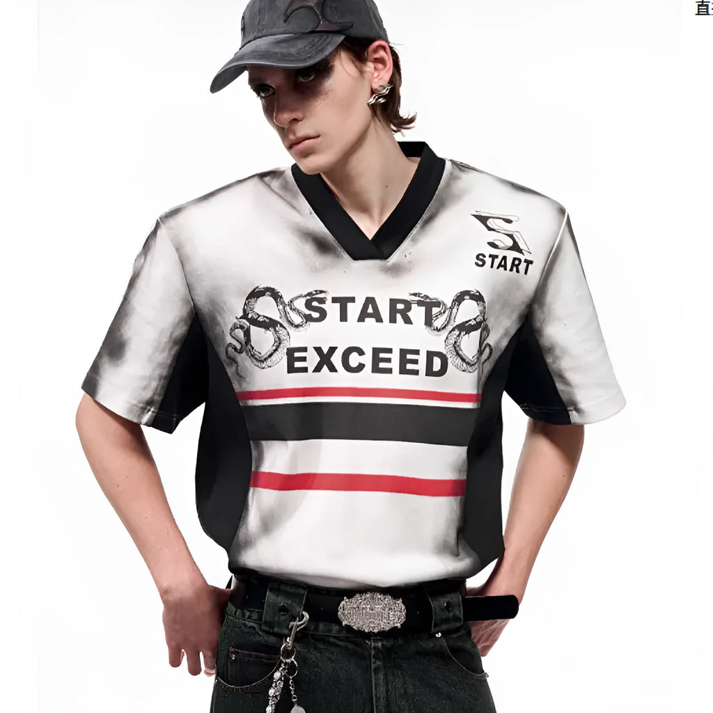 V-neck short sleeve polyester top with padded shoulders and letter snake pattern print in refined Korean style