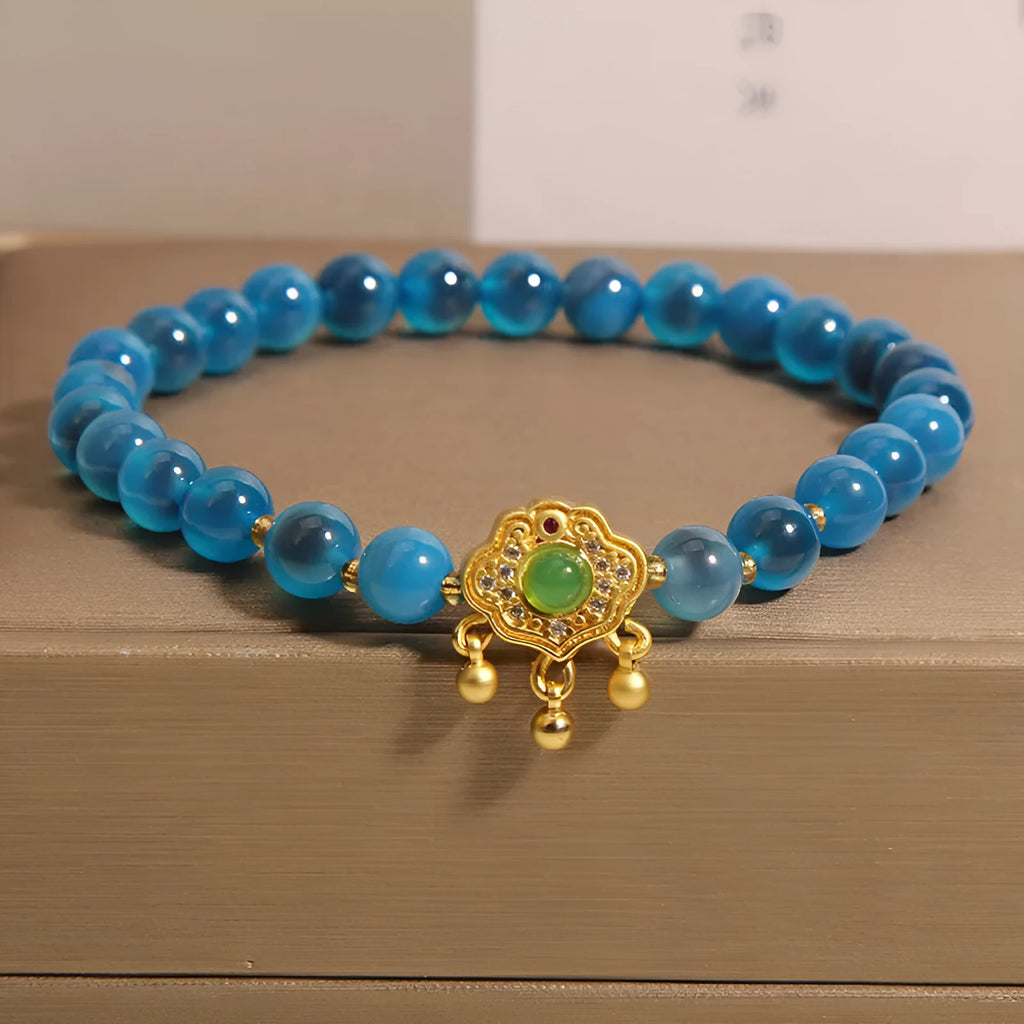 Blue sugar heart agate safety lock pendant bracelet for women with crystal construction and alloy inlay