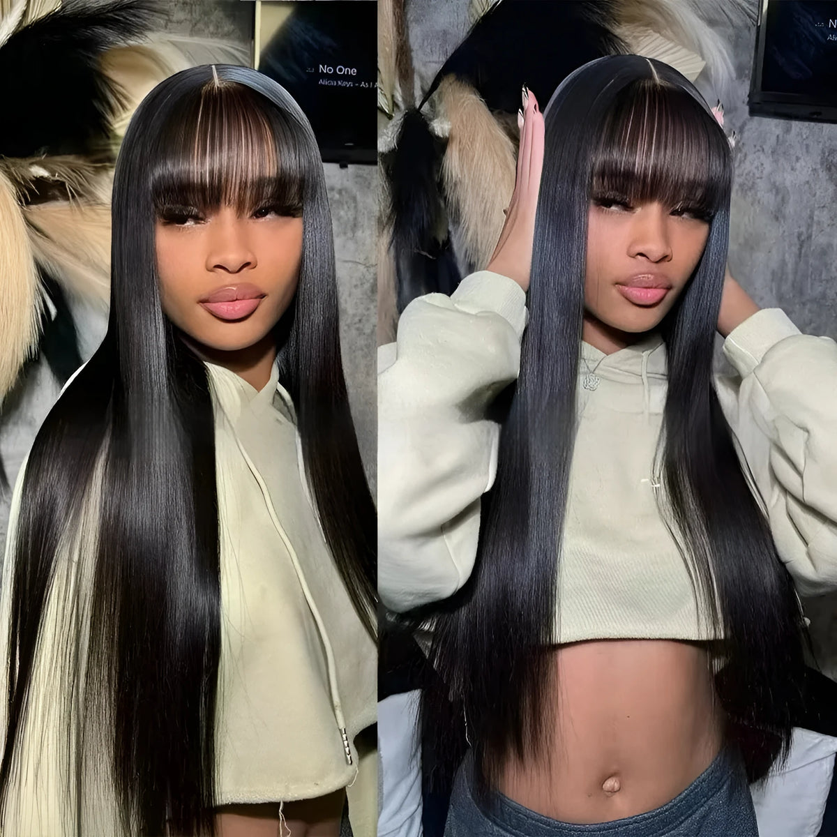 Women's natural colour human hair wig on a stand, showing adjustable full-mechanism headgear and long hair length.
