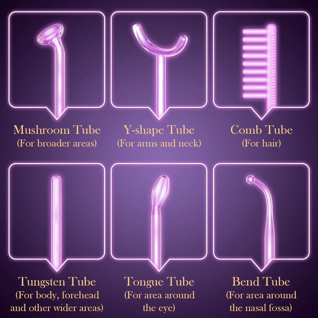 Purple household high wave electrotherapy rod beauty appliance with six accessory heads for wrinkle removal