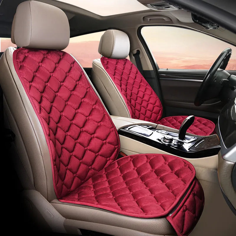 Cotton ringer plush car seat cushion in burgundy colour on a car seat.