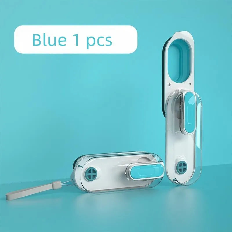 Portable blue dog water bottle with a folded silicone drinking bowl attached to its side.