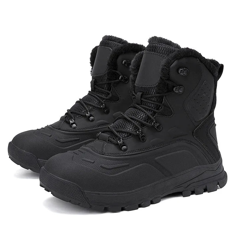 Black fleece-lined men's high-top boots with tall crown and lace-up front