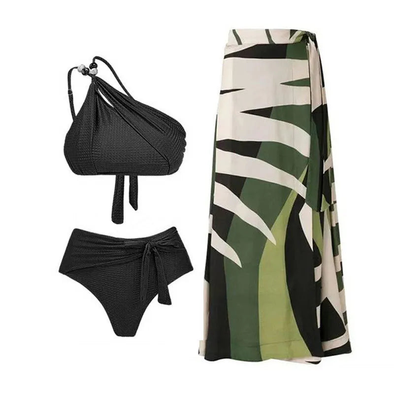 Women's brown push up bikini with high waist briefs and matching chiffon dress cover-up laid flat.