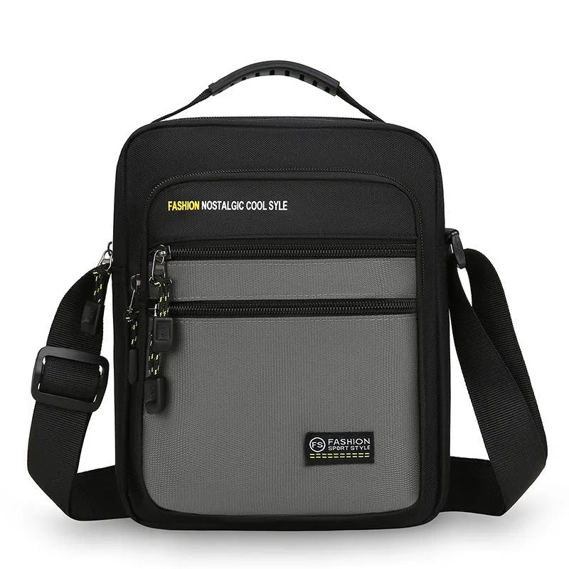 Men's nylon crossbody bag in green, shown with multiple pockets and adjustable shoulder strap.