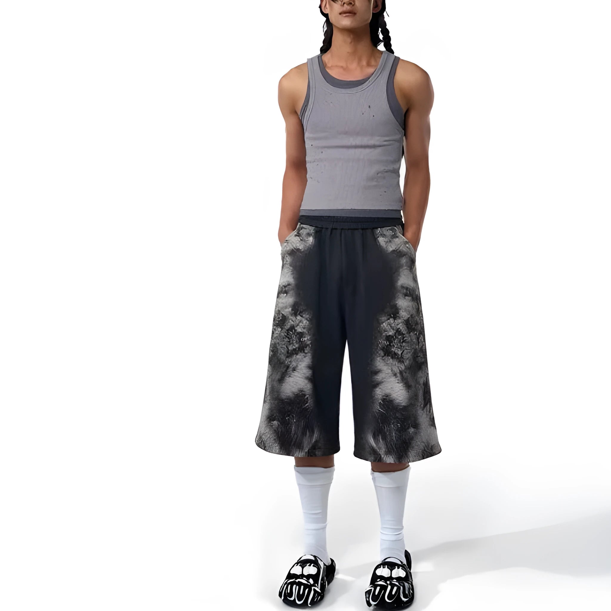 Printed loose trousers with matching hoodie set in street style with collage stitching detail