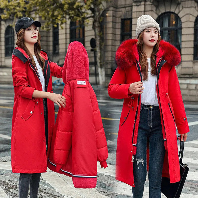 Women's long cotton-padded fleece trench coat in extended 100cm length with down cotton filler