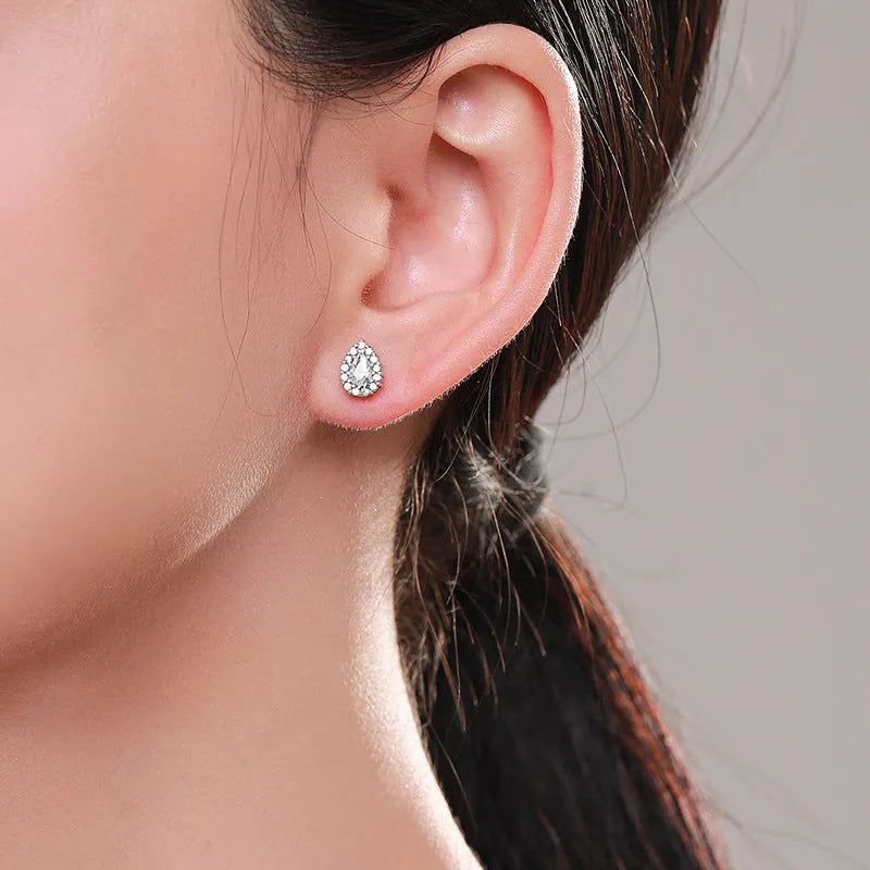 Women's 925 sterling silver water drop shape ear studs with diamond treatment