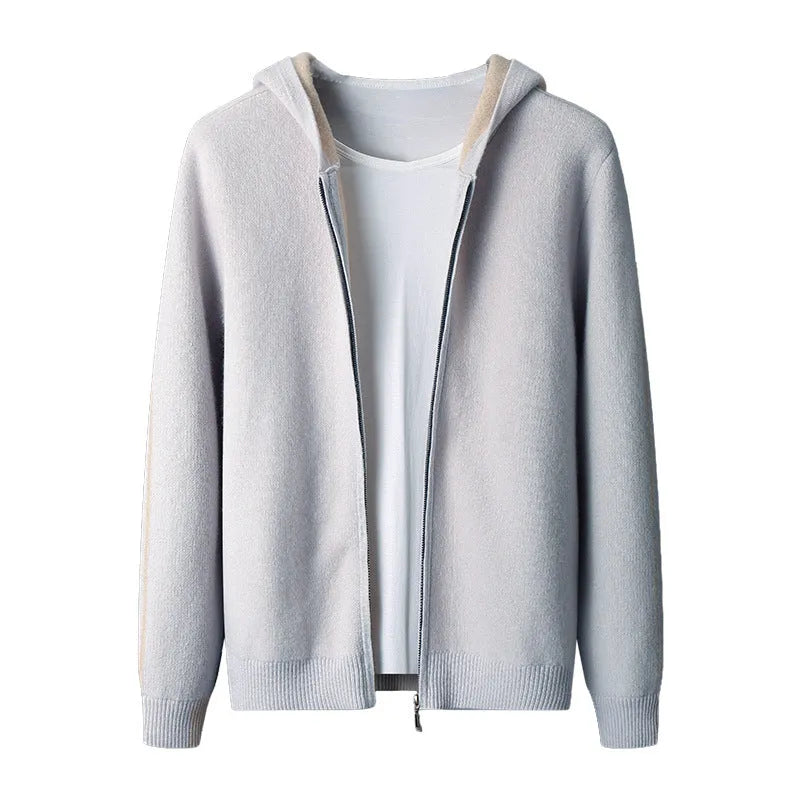 Men's dark blue cashmere half-high collar zipper cardigan sweater with thickened knit construction