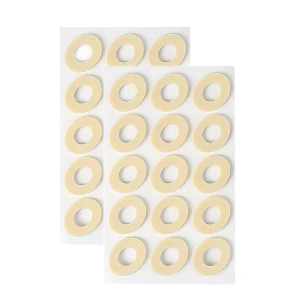 Women's protective toe pads set showing circular, oval and U-shaped designs in PU material for foot comfort