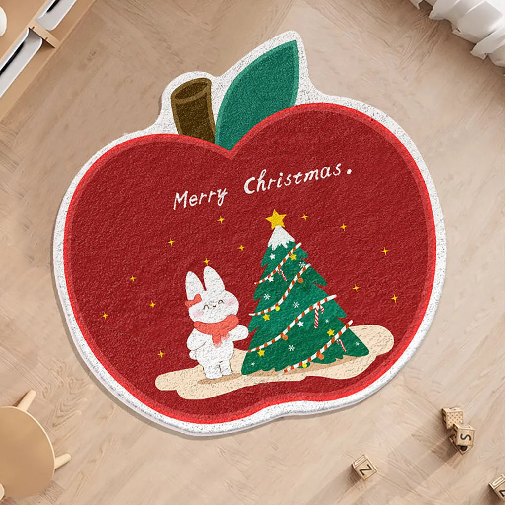 Round red and green Christmas floor mat with gingerbread man design on soft imitation cashmere fabric.