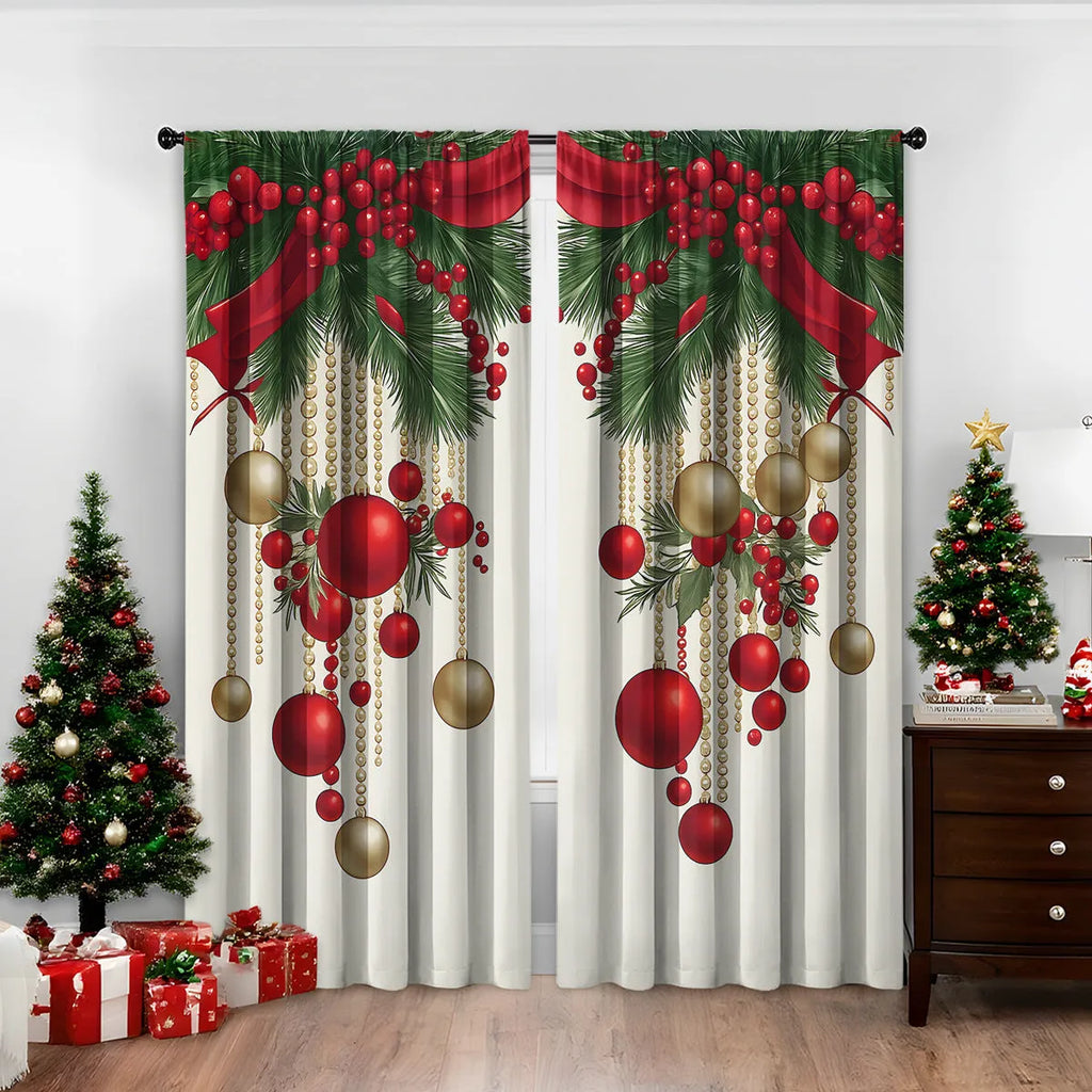 Pair of 3D digitally printed modern Christmas curtains hanging on a window.