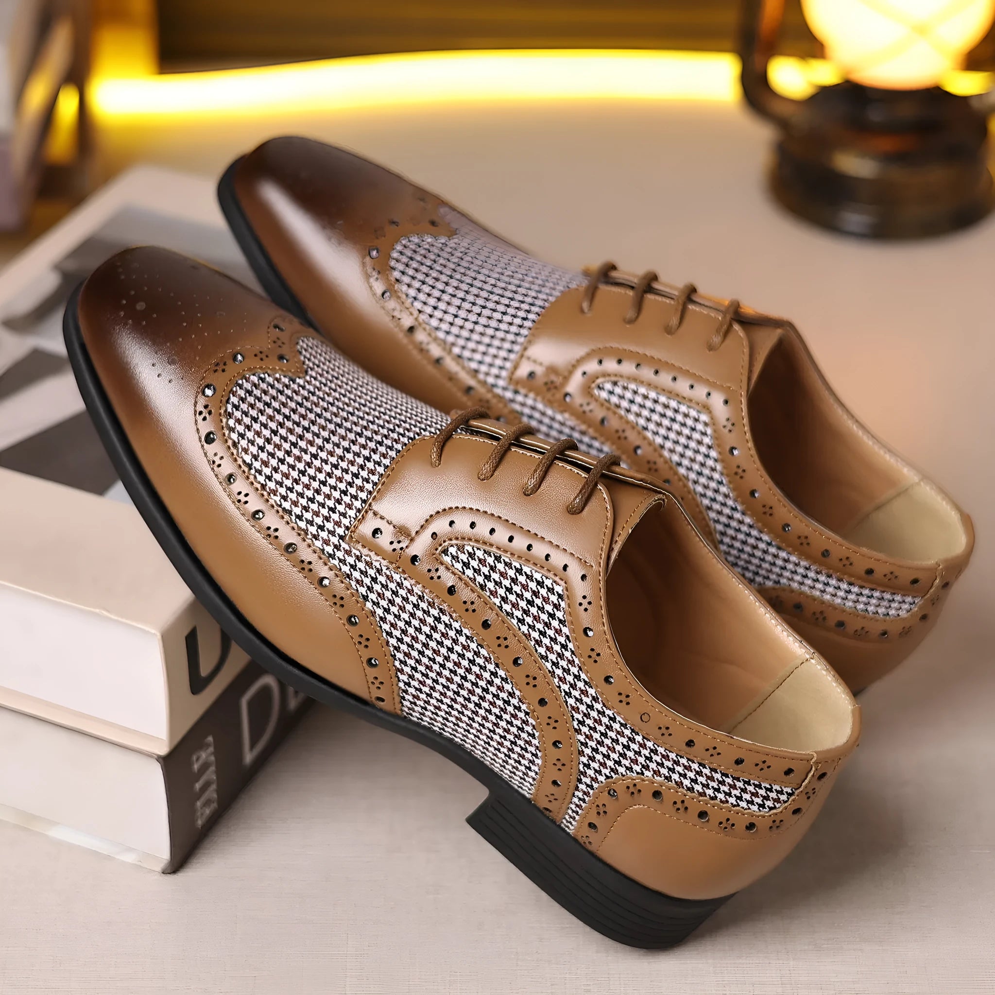 Men's black and white houndstooth plaid casual lace-up shoes with a square toe and rubber sole.