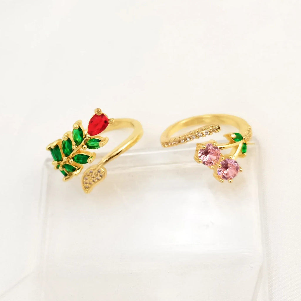 Copper open ring for women with micro inlaid leaf geometric design or solid pink finish.