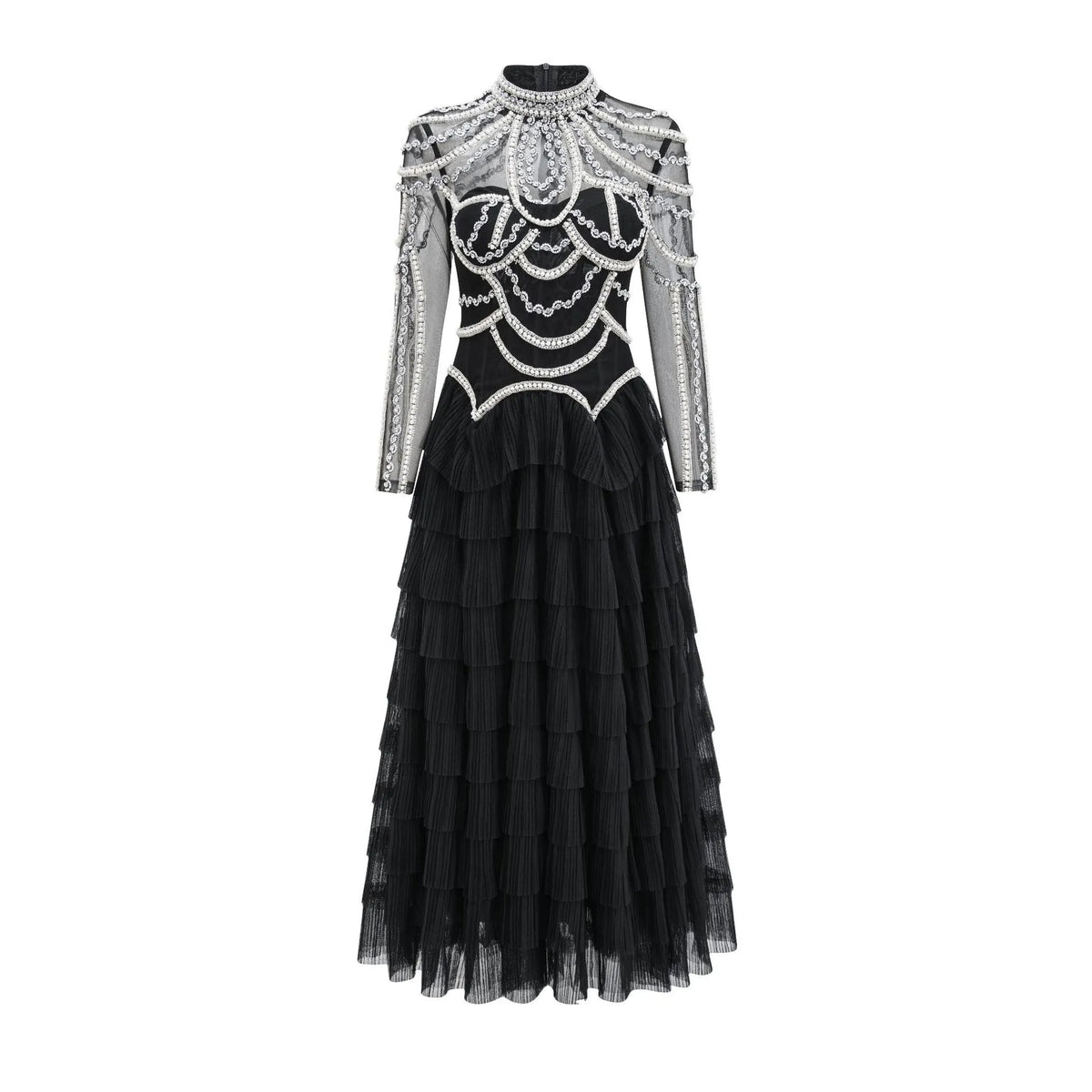 Women's black beaded long sleeve dress with three-dimensional decoration and mid waist design