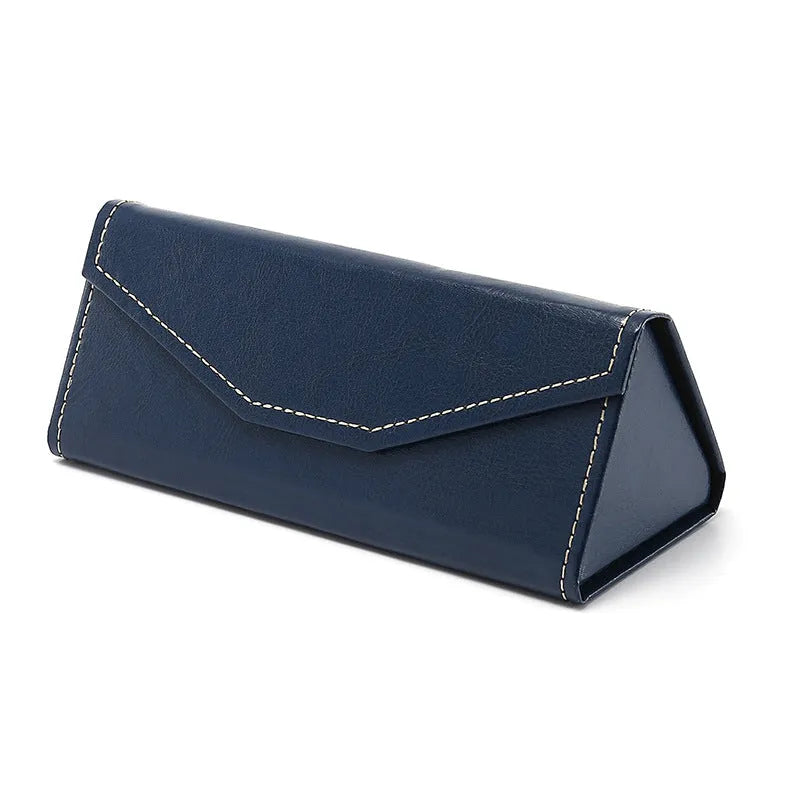 Handmade triangular folding glasses case in PU cowhide, shown in black colour with dimensions 160x66x16mm