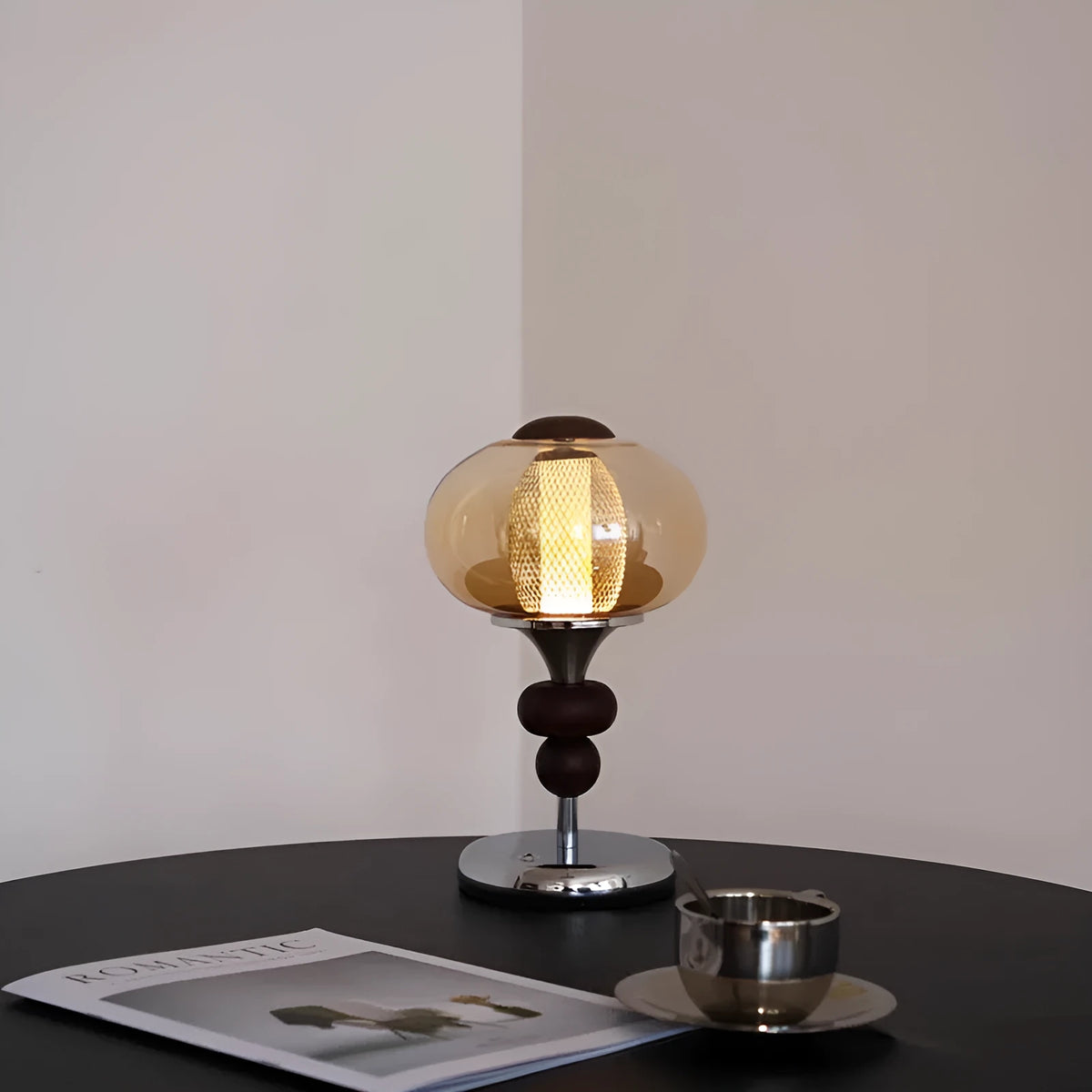 Solid wood retro palace-style table lamp with touch control panel showing three lighting colour options
