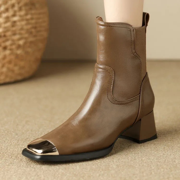Brown women's cowhide leather Martin ankle boots with a high heel and side zipper.