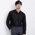Men's wine red slim fit shirt with cardigan-style collar and long sleeves.
