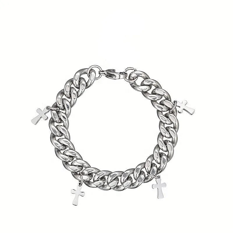 Men's titanium steel bracelet with a geometric shape and cross design on a wrist.