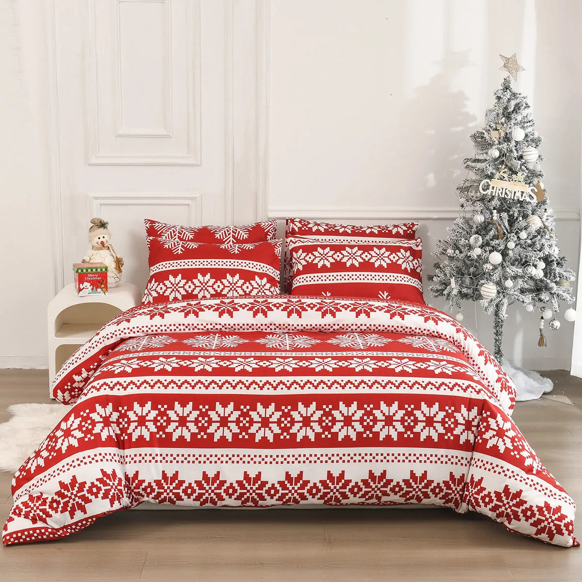 Winter Sleepers red Christmas pattern bed three-piece set with modern design on bed