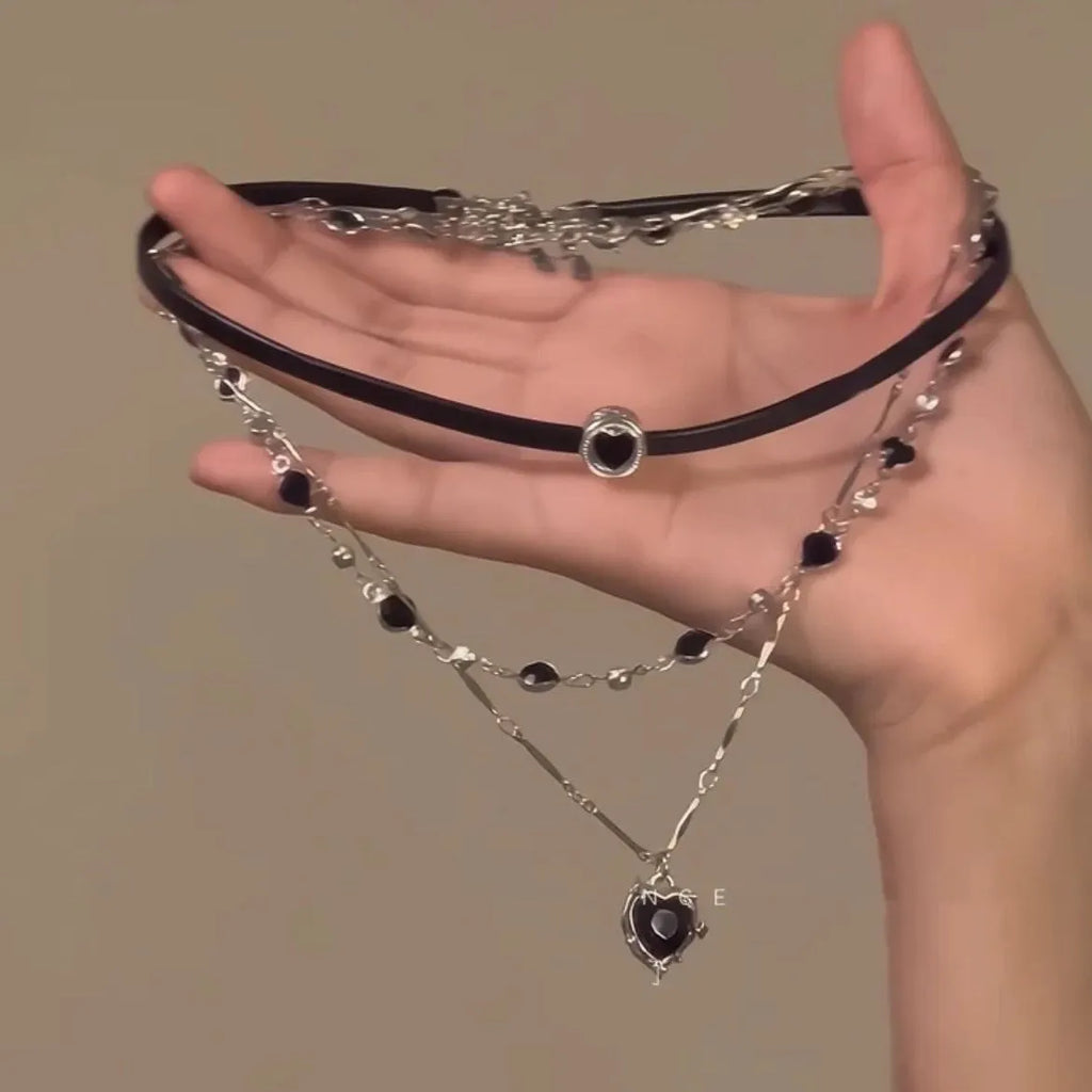 Women's leather and alloy heart-shaped multi-layer twin necklace with adjustable chain
