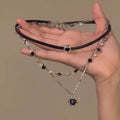 Women's leather and alloy heart-shaped multi-layer twin necklace with adjustable chain