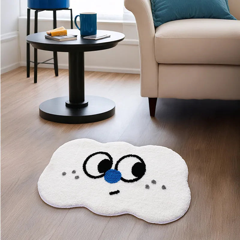 Cartoon anime clouds design bath mat in green, blue, pink, black, or white, available in three sizes.