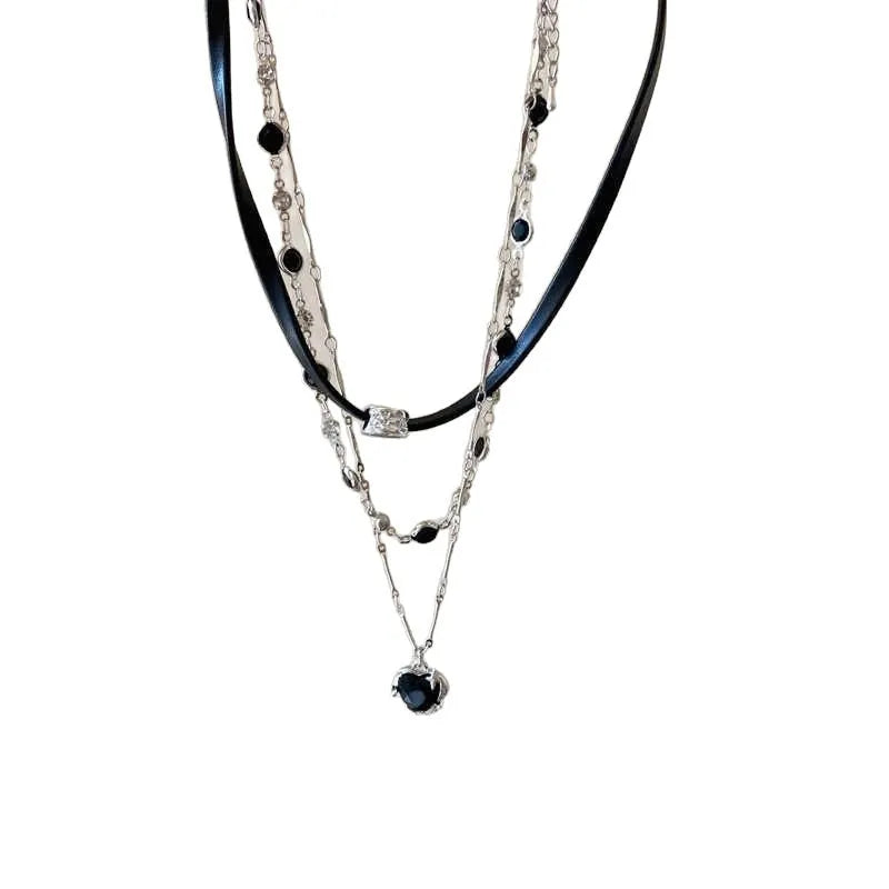Women's leather and alloy heart-shaped multi-layer twin necklace with adjustable chain