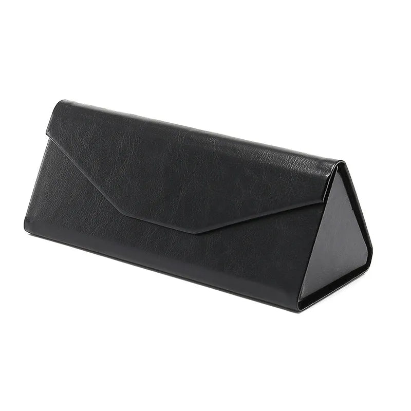 Handmade triangular folding glasses case in PU cowhide, shown in black colour with dimensions 160x66x16mm