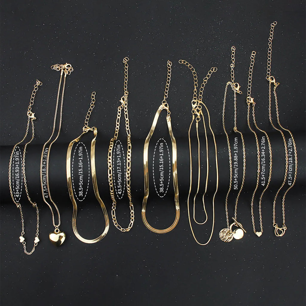 10-piece gold women's necklace set with alloy pendants on adjustable snake bones chain jewellery collection