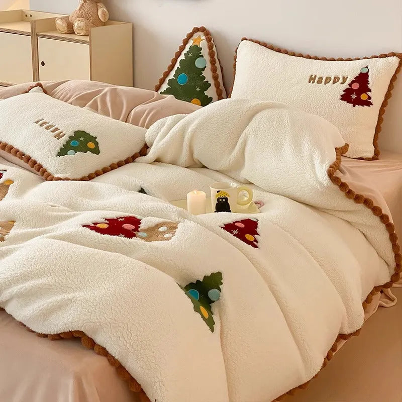 Bright yellow four-piece bedding set with cartoon Christmas tree pattern, including sheet, quilt cover and pillowcases