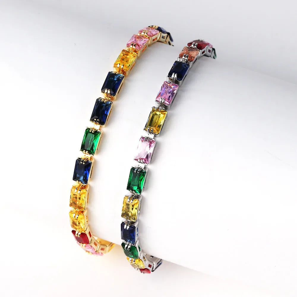 Women's zircon bracelet with electroplated finish showing multiple colour stone options set in alloy