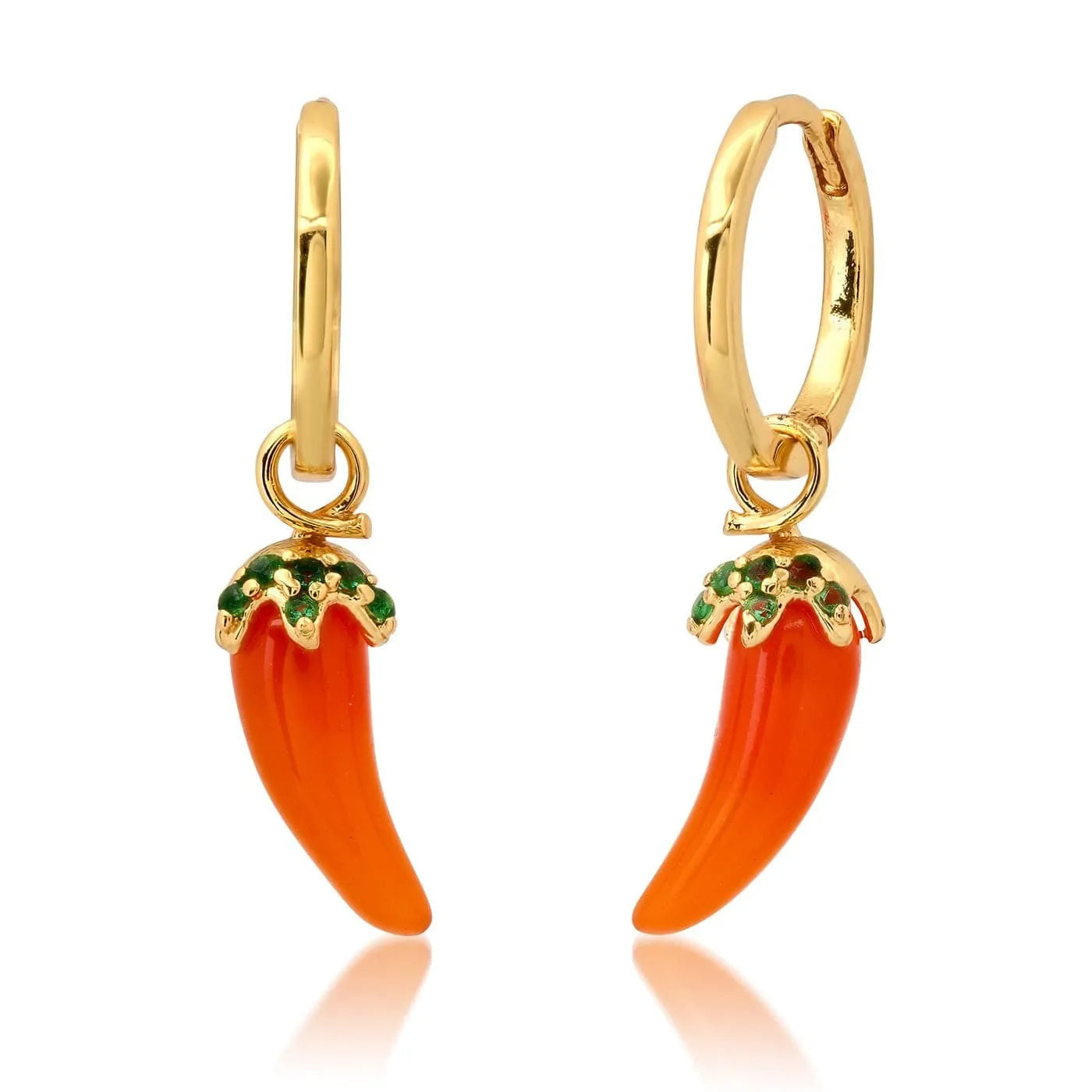 Gold plated fruit and vegetable design earrings showing carrot, orange and blueberry styles