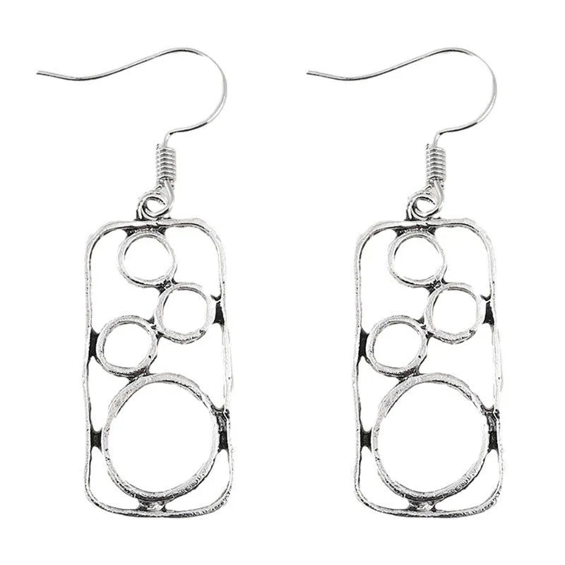 Geometric round ring earrings with irregular square details in antique silver zinc alloy